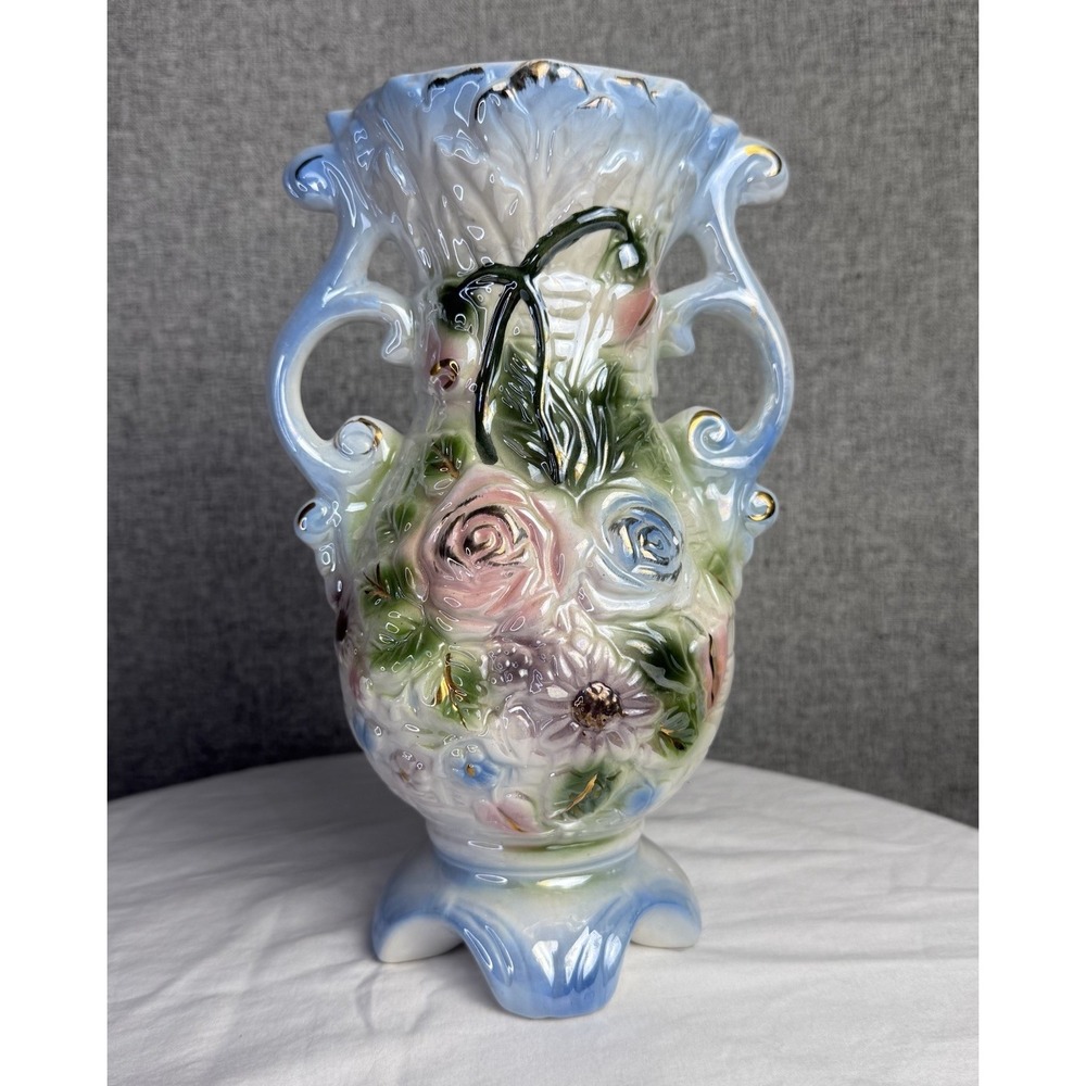 Vintage Iridescent Hollywood Rococo Ceramic Dual Handle‎ Floral Blue Pink Vase